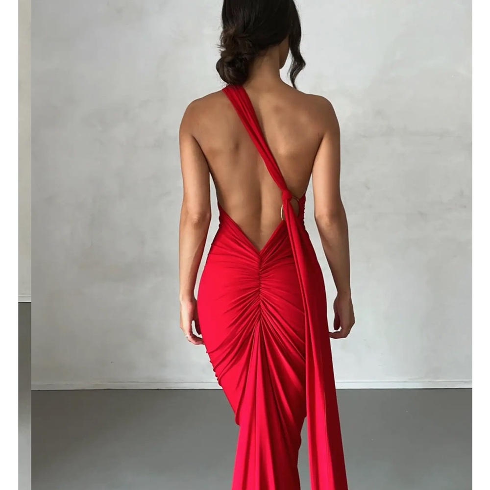 S (4) Red One Shoulder Maxi backless Dress Gown Formal